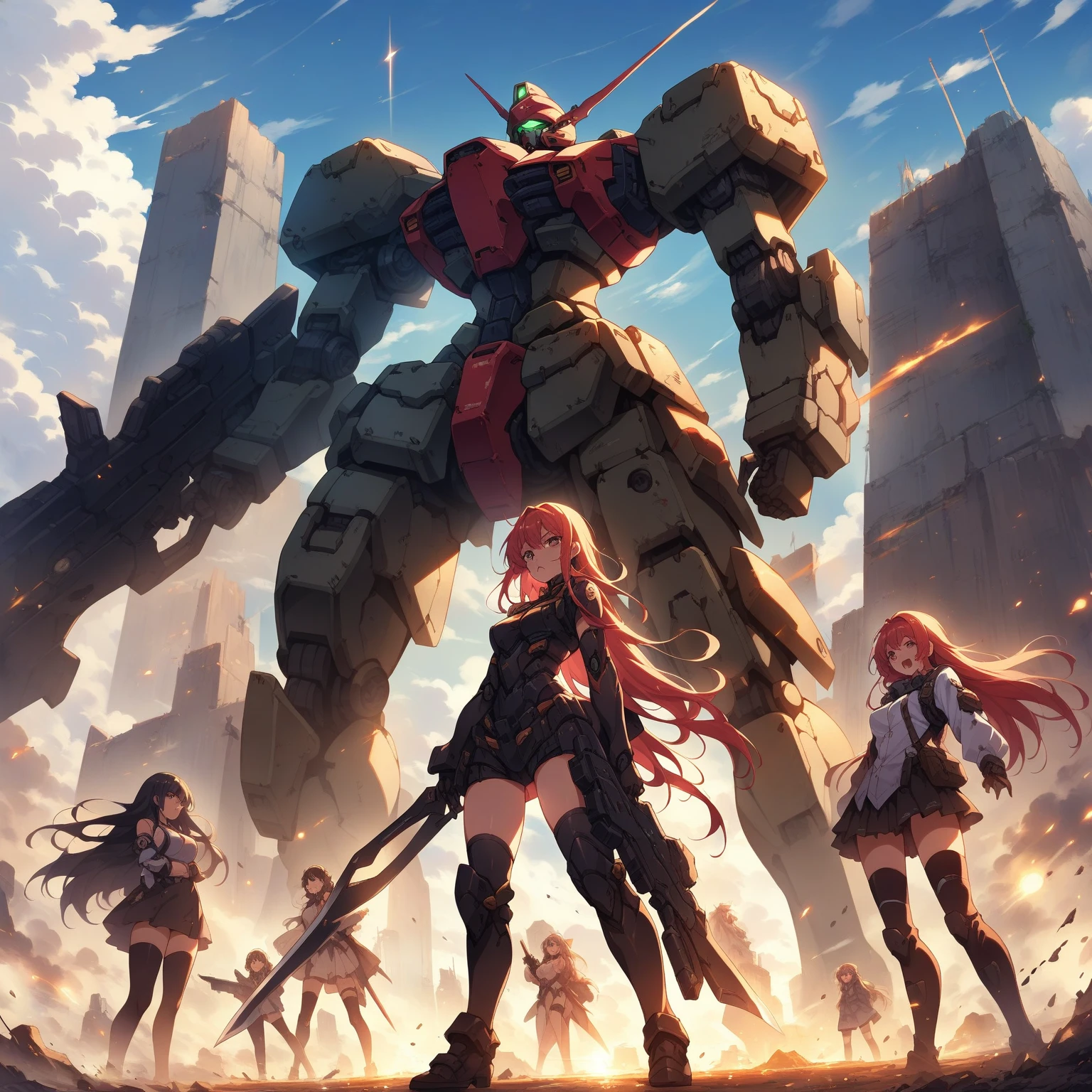 score_9, score_8_up, score_7_up, source_anime,masterpiece, best quality, high resolution, extremely detailed CG, absurdres, highres, mecha girls in front of a giant mech with a large blade, multiple_girls, weapon, mecha, robot, holding weapon, holding, gun, long hair, holding gun, glowing, sky, thighhighs, cloud, science fiction, gloves, boots, outdoors, floating hair,neondskdrmsxl, cool face