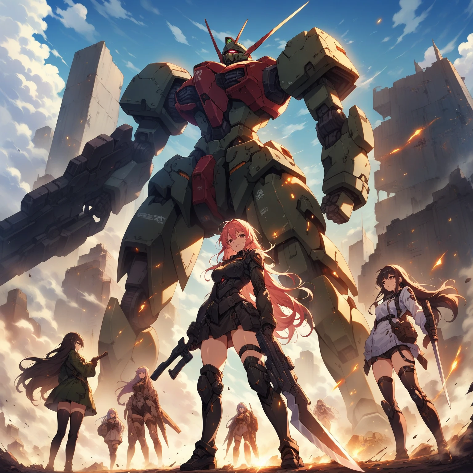 score_9, score_8_up, score_7_up, source_anime,masterpiece, best quality, high resolution, extremely detailed CG, absurdres, highres, mecha girls in front of a giant mech with a large blade, multiple_girls, weapon, mecha, robot, holding weapon, holding, gun, long hair, holding gun, glowing, sky, thighhighs, cloud, science fiction, gloves, boots, outdoors, floating hair,neondskdrmsxl, cool face