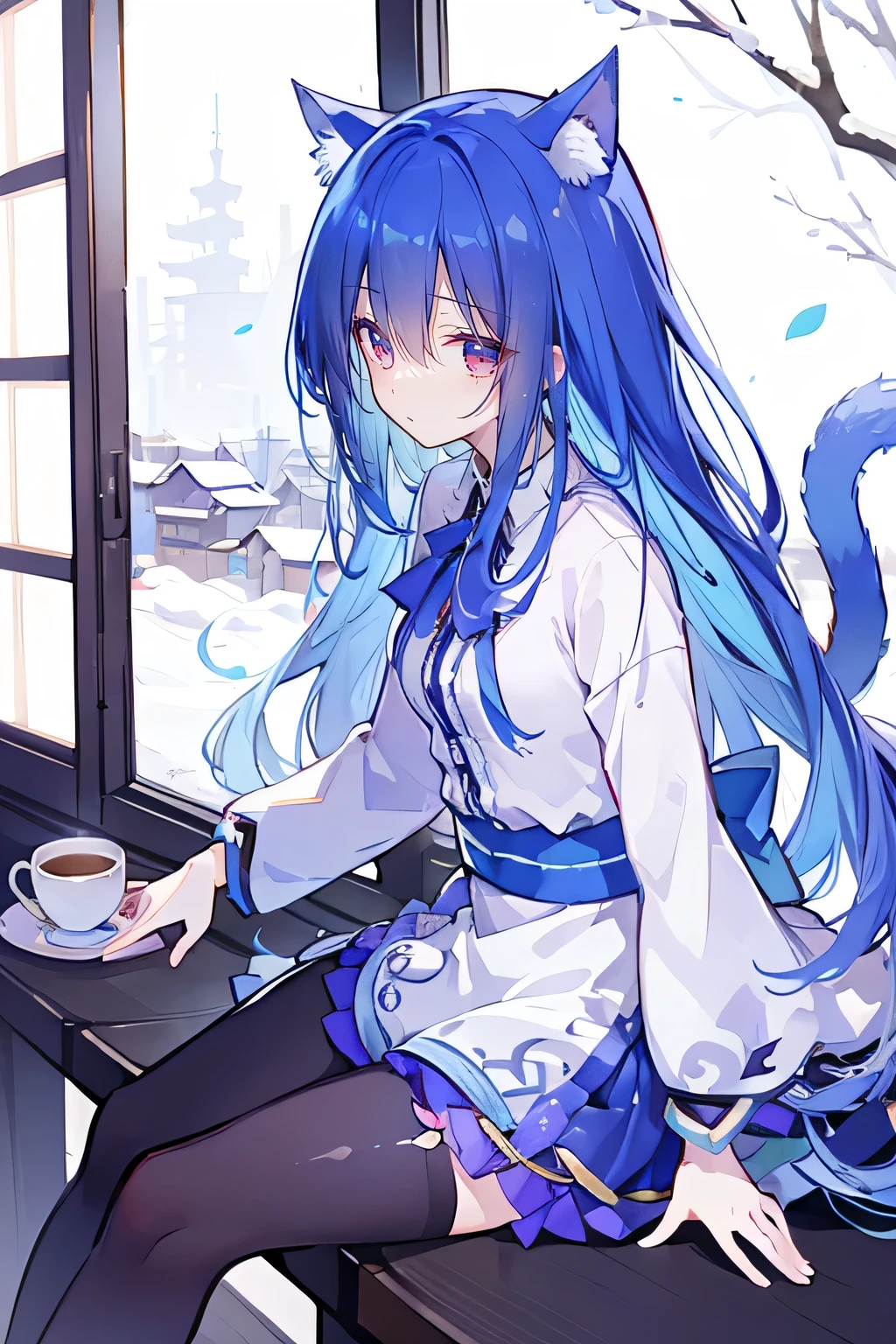 (Masterpiece:1.2),Ultra-detailed,lifelike,The eyes are expressive,Fair skin,Perfect face shape,1 girl,Japanese Manga,Gorgeous blue hair,Flowing blue hair,Flowing clothes,Cat ears,Petals falling,Smile,Tokyo background,background,heavy snow,winter.Highest quality,perfect face,sitting on window sill drinking coffee and looking out the window.
