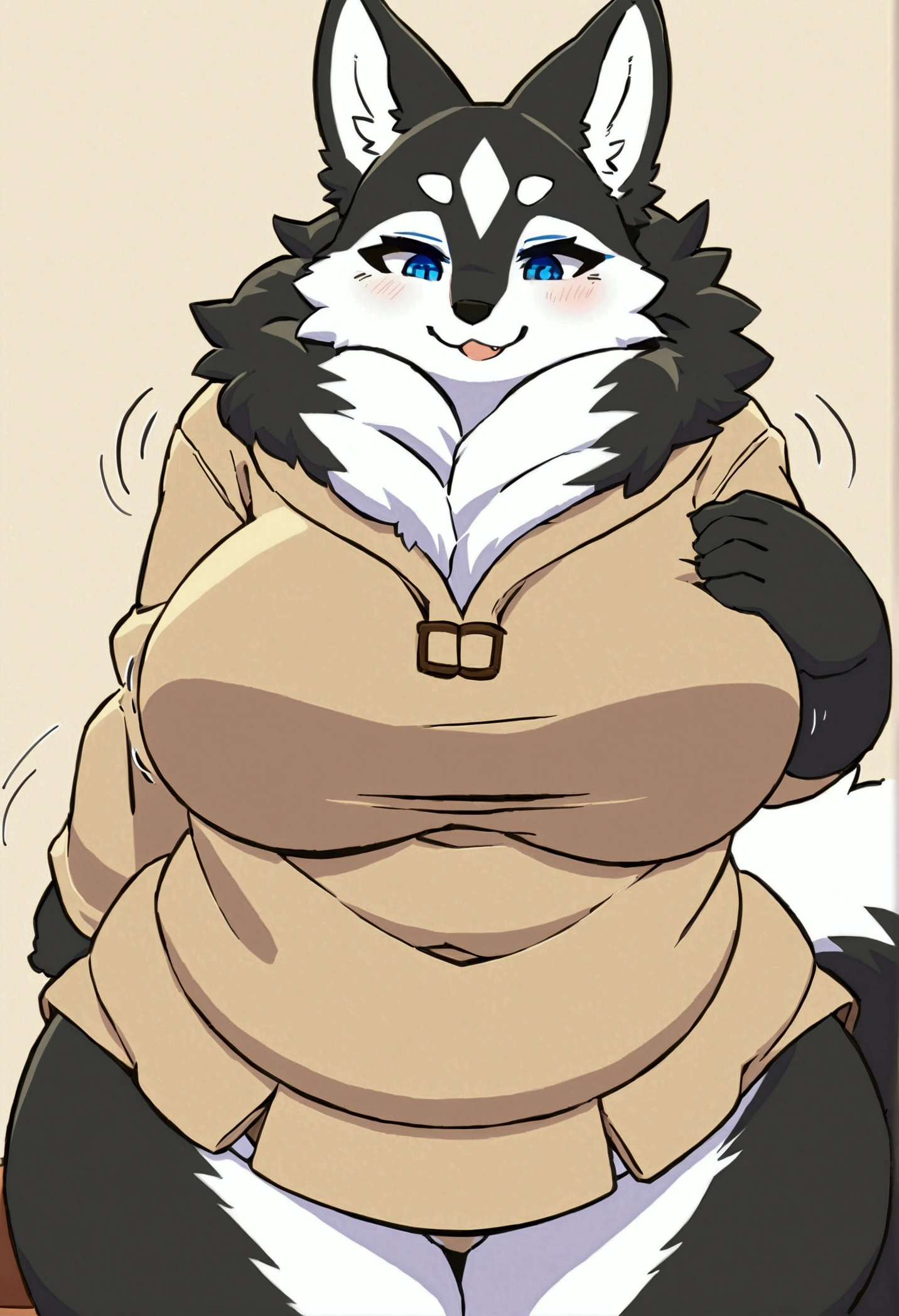 top quality, best quality, cel-shading, High-quality illustrations, masterpiece)(kemono, furry anthro), round, 1 female, husky, chubby body, slightly chubby, black furs, fluffy, tail, big breasts, perfect eyes, blue eyes, taiga clothes, body movement, body twitching,