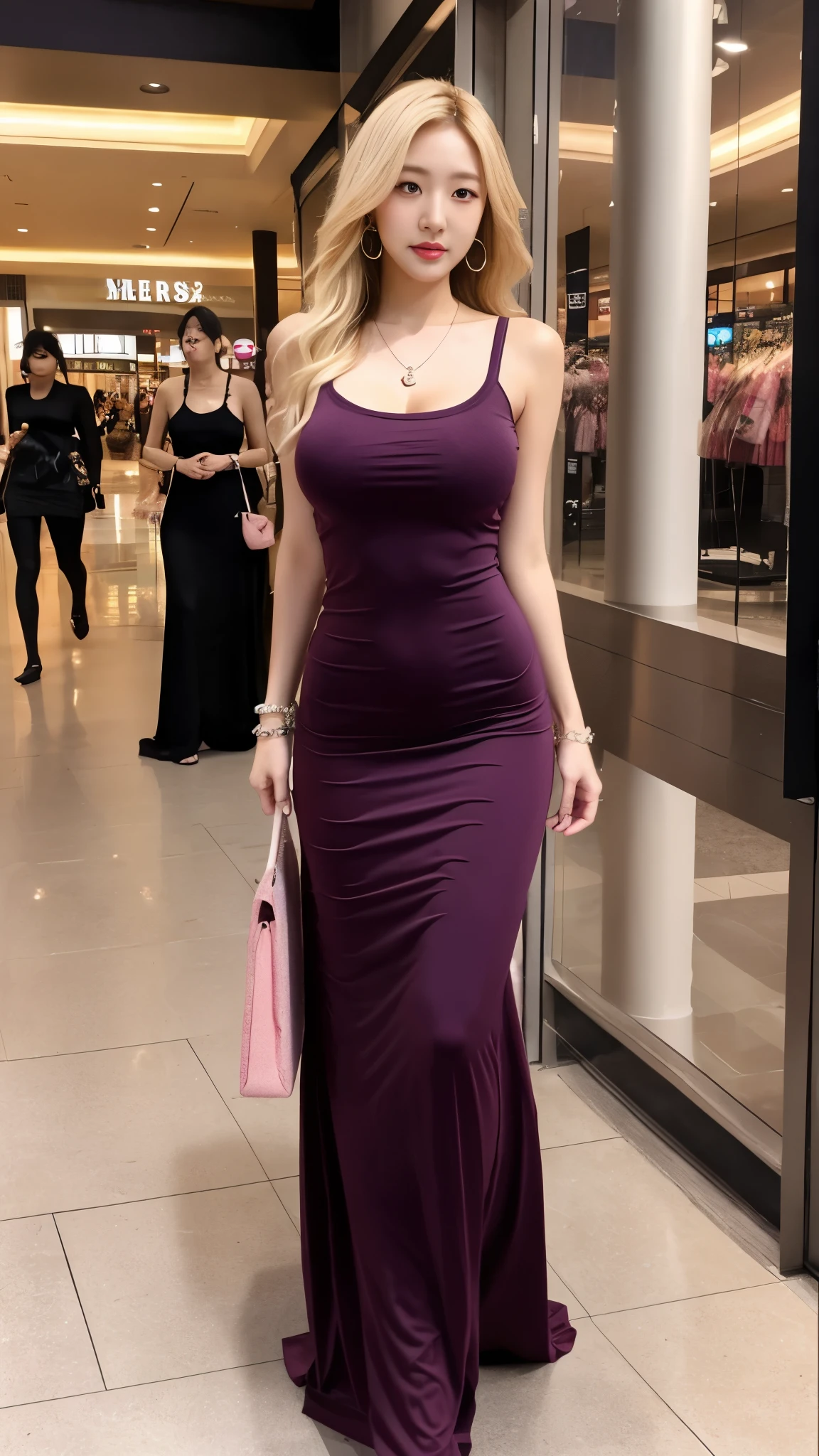 A sexy korean woman, blonde hair, giant breast, braless, long legs, pushes chest, standing in the floor, wearing dark-pink tight tube basic maxi dress, spandex fabric material tube maxi dress, high heels, necklace, bracelet, earrings, full body, front view, night at mall.