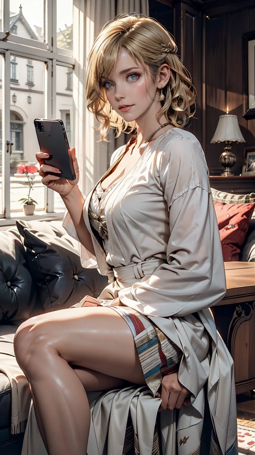 Portrait of a 48-year-old blonde French woman, 1940, Silver Hair、Side-swept chignon((good site))、Period costume, Genuine Leather, Sit down and take a selfie like you would with a smartphone, (Living room with period furniture, Calm, soft light: 1.2)