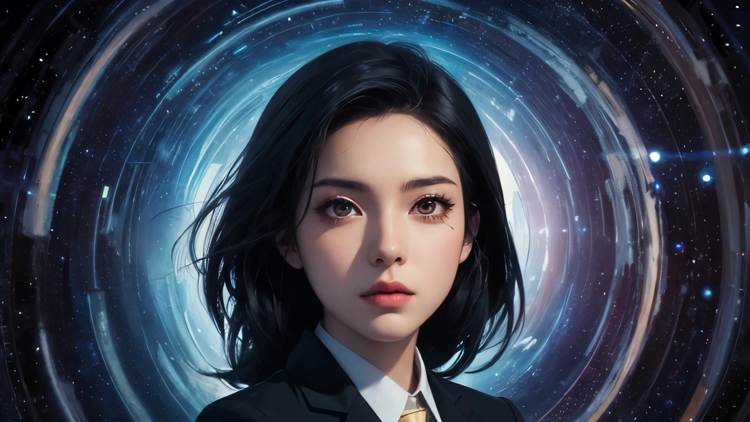 An anime character with black hair and a suit standing in front of a spiral, Arita, Artgerm JSC, Charlie Bowater's art style, Promotional Art, Avatar Image, Character art by Charlie Bowter, Arita battle angel, Official illustrations, Alice x. open, Charlie Bowter's Style, Official Art, Portrait Anime Astronaut Girl
