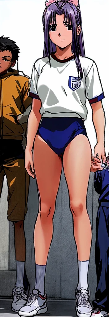 Momoko Koigakubo, a tall girl with beautiful legs, is standing with a smile on her face in a white gym uniform and light navy blue bloomers that look like panties.。Momoko Koigakubo is holding the shoulders of a boy wearing a tracksuit。
