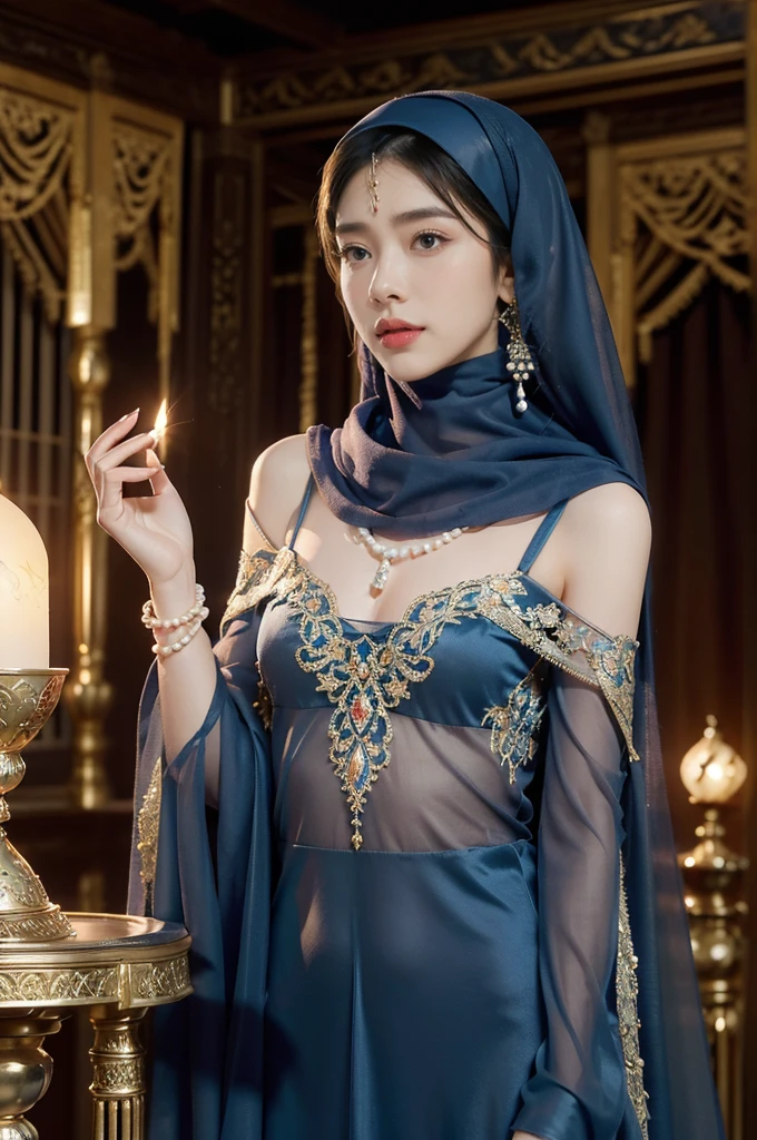 (((best quality))),(((ultra detailed))),(((masterpiece))),illustration,((1girl,Arabian dancer,solo)),(blue hijab:1.3),((slim,thin)),((small breasts,flat chest)),((earrings,necklace)),((pearls,jewels,gemstones)),(night scene:1.3),(standing:1.3),(in luxurious palace:1.3),(indoor:1.3),(gorgeous embroidered blue sheer abaya:1.3),(slender legs:1.2),intricate patterns,((Arabian theme,Middle Eastern culture)),(shoulder length straight hair:1.2),(sheer veil on face:1.3),mystery, ornate furnishings, decorations, enchantment, magic, Persian magic carpet,night sky, floating,Aladdin's lamp, flame, fulfillment of desires,candlelight,romance,One Thousand and One Nights, coherent narrative, dreamlike atmosphere, deep emotions, graceful movements, passion, face beneath the veil, beloved's dream, timeless beauty, enchantment,magical world, wondrous journey,((from front,upper body))