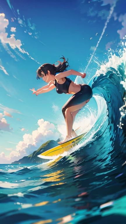 Surfing girl,(surfing:1.3), Ocean, one surfboad, A girl is surfing