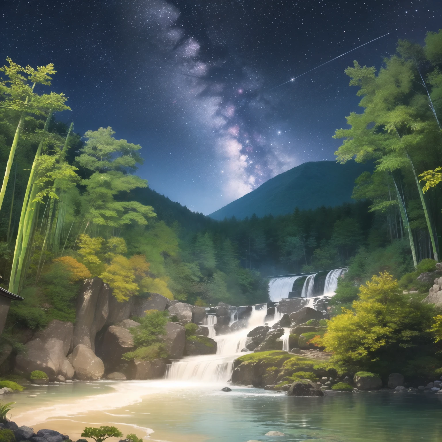 Japan, forest, bamboo、waterfall、Clear water river、night, Beautiful starry sky,