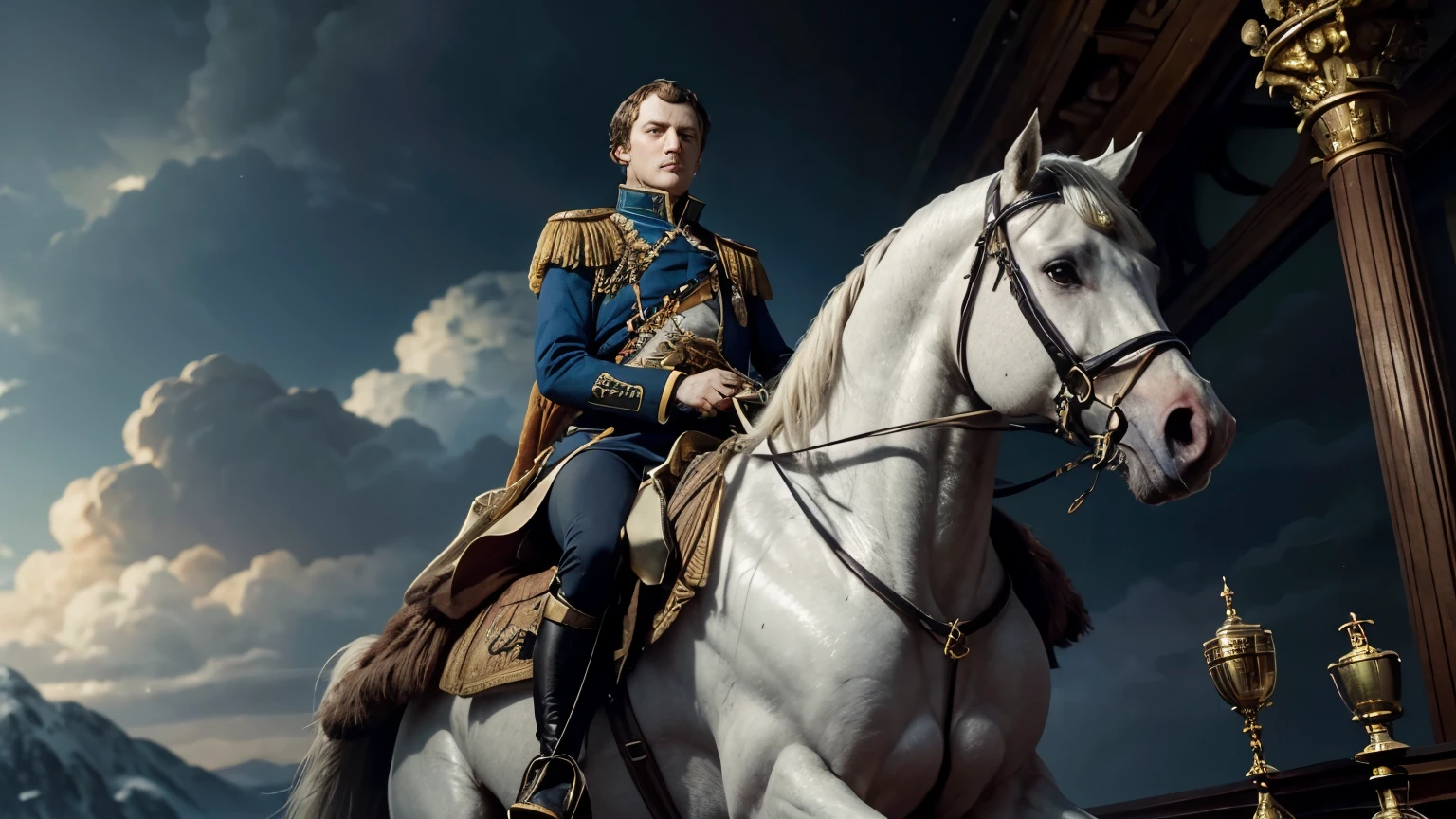 "Rule Like Napoleon: Lessons in Power and Strategy"
Visual Elements:
Central Image:
A commanding image of Napoleon Bonaparte mounted on his iconic white horse, reminiscent of the famous painting "Napoleon Crossing the Alps." He should appear confident and in control, gazing towards the horizon.
Background:
A background reminiscent of battle maps or the famous battlefield of Waterloo, with dark and dramatic colors like blues and golds to convey power and authority.
Highlight Text:
"The 48 Laws of Power" in large, impactful letters.
Smaller subtitle: "Rule Like Napoleon".
Design Elements:
Chess icons or game pieces to represent strategy.
A clock or hourglass to symbolize time and urgency in power decisions.
Colors:
Shades of blue, gold, and red to symbolize royalty, power, and authority.
Style:
A dramatic and authoritative style that conveys a sense of leadership and influence.
Book Inspiration:
Base it on the laws that mention strategy, leadership, and the importance of maintaining a public image.
Highlight how Napoleon applied these laws in his rise to power and how his mistakes also serve as lessons.