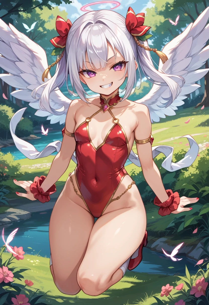 Score_9, score_8_up, 4k, 8k, detailed face, source_anime, smug angel girl with small breasts, young girl, skimpy outfit, flying, ass, pert ss, thick thighs,