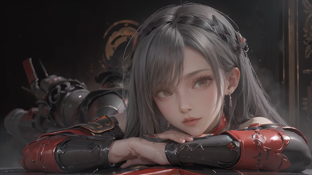 masterpiece,Game Art,Best picture quality,Maximum resolution,8K,(portrait),Unreal Engine 5 rendering works,(Digital Photography),((portrait Feature:1.5)),
20 year old girl,Short hair details,Long bangs,(The red eye makeup is carefully applied),(With long gray hair:1.4),(Large target, Full breasts),Elegance and nobility,Brave and charming,
(The future armor combines the characteristics of Chinese armor,hollow-carved design,Power Armor,Mysterious oriental runes,Exquisite clothing patterns,Magic Flash),Future Warrior,Cyberpunk Characters,War Background,
light,Ray Tracing,Game CG,((3D Unreal Engine)),OC rendering reflection mode