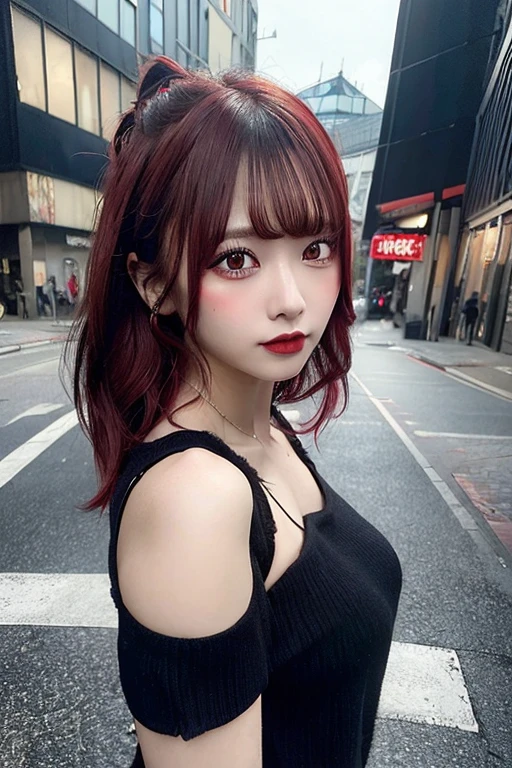 beautiful girl, Half Body Portrait, Short, bright red, messy hair, Black eyeshadow, (Street Style Wear:1.2), (Urban Background:1.2), Heavy makeup, Digital Art, Trending on Art Station, highly detailed, The finer details, Complex, beautiful detailed glow, detailed, Cinematic Light, High resolution, detailed facial features,Sharp focus, Smooth, beautiful,