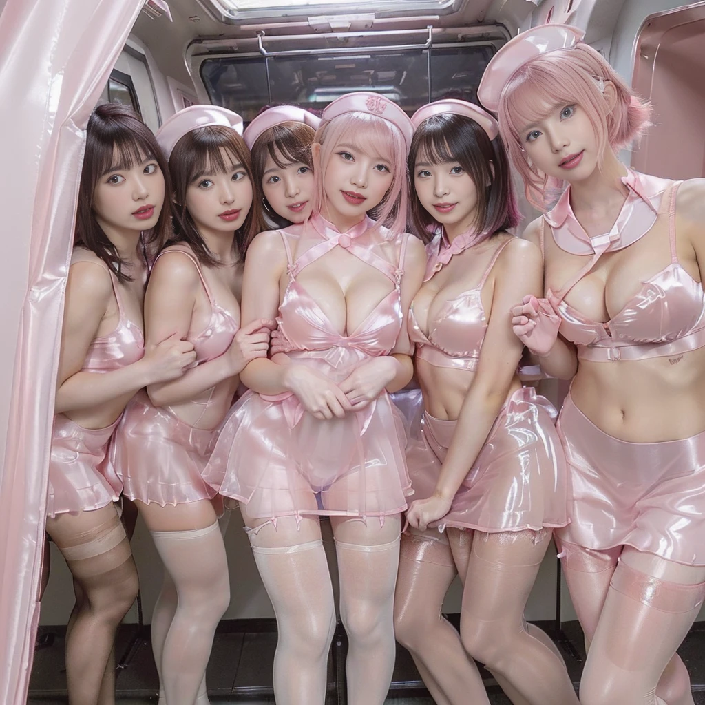 (((Ultra-clear resolution, best quality))), (((super shiny pink silk nurse costume, see-through, miniskirt, group photo of only girls crowded train with female only, impossible breasts, dynamic cleavage of breasts, angle from below, see-through pantyhose, grin, bleached hair, nsfw))), shiny