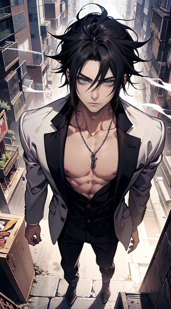 (work of art, best qualityer, high resolution, ultra detali), 1 man as Uchiha Sasuke from the anime Naruto Shippuden, male focus, black spiky hair, onyx eyes, bonitas, detailed eyes and face, male body, aretes, ear piercing, black unbuttoned blazer, white shirt, pants, naked collarbones, chain necklace, city slums background, by Amano Akira, whole body, cigar, cigar smoke, smoking face,1 guy, work of art