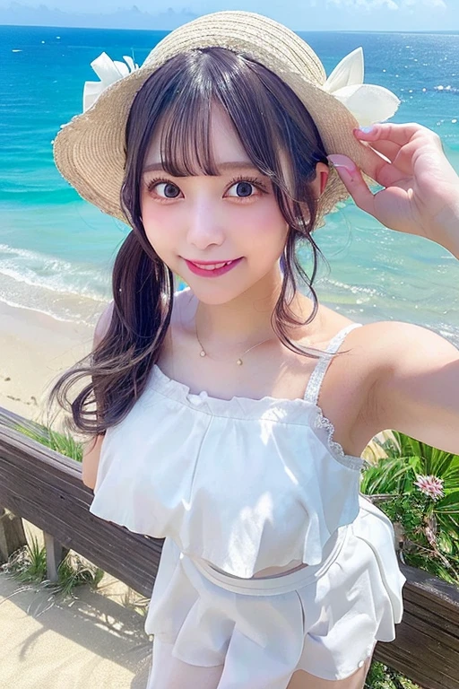 Highest quality, masterpiece, , ,short, Huge breasts, Gray Hair,Low twin tails, Purple eyes, Yukinecris, Thin twin tails,, Beach, Ocean, White Dress, White Skirt, White dress, Straw hat,  (((shy))), (Happy), Leaning forward, summer, From above, Reaching out, smile,
