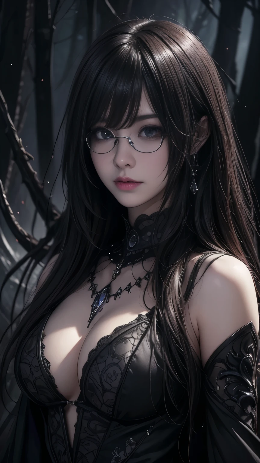 (Highest quality,4K,8k,High resolution,masterpiece:1.2),Very detailed,(Realistic,photoRealistic,photo-Realistic:1.37), Close-up of a woman with dark hair and a black dress, Dark Eyes,an ominous笑顔,((((Glasses))))、((((big sapphire necklace))))、Evil Aura,Burning Flames,Soul Corruption,Dark Shadows,an ominous雰囲気,Strange symbols,Cursed Land,Eternal Darkness,Unforgettable Exists,Intimidating person,Grotesque features,Horror Scene,twisted reality,Scary atmosphere,A wonderful work of art,Evil Unleashed,Supernatural horror,Spooky art,nightmare fuel,Terrifyingly clear,Abstract fear,Terrifyingly beautiful,masterpiece,Fear incarnate,Shadow Chaos,Exists,to be born々Shii Darkness,in style of Dark Fantasy Art, Dark Fantasy Art, Beautiful and elegant queen of darkness, Dark Fantasy Art, Fantasy Dark Art, Dark fantasy digital art, Gothic fantasy art, Gothic Dark Maiden, Detailed Texture,Spooky creatures,an ominous雰囲気,Mythical,Space horror,darkness,mysterious,Dark aesthetic,Fog Background,Eyes of another world,Ancient Gods々々々々, Powerful wizard, mysteriousStanding in the woods. A loose robe decorated with symbols, Arms stretched out, Powerful,Tentacles,Pitch black blackness,Majestic,Unfathomable depth,nightmare,The Exists of the universe,an ominousExists,seeping darknesss,Secrets of the Universe, (Spooky atmosphere), (((Dramatic Shadows), (Dynamic pose), ((Artistically expressed)), ((charm), (Gothic), (mysterious Setting), (Moody color palette), (Skillfully drawn), (sense of unease), (Intricate details), (an ominous smile), (an ominous), (charm eyes), (Horror elements), (charm composition), (Impressive anatomy),(Striking contrast))), (Interesting character designs)、Dark Fantasy Portrait, Portrait of the Dark Goddess,