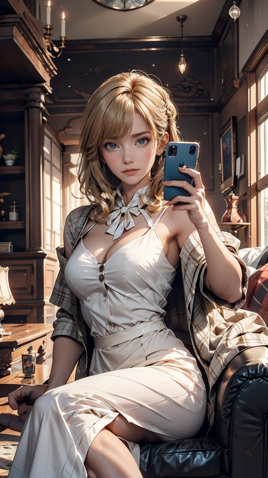 Portrait of a 48-year-old blonde French woman, 1940, Silver Hair、Side-swept chignon((good site))、Period costume, Genuine Leather, Sit down and take a selfie like you would with a smartphone, (Living room with period furniture, Calm, soft light: 1.2)