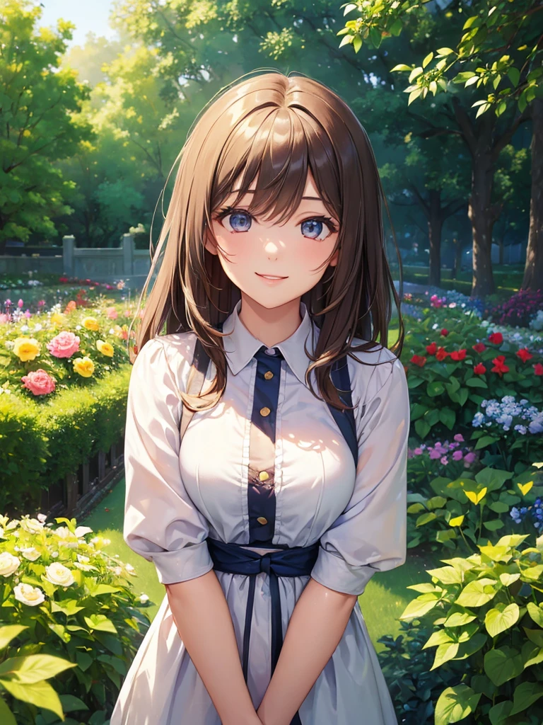 (masterpiece:1.5),(Beat quality),(high res),1girl solo,beautiful face,smile(shining eyes),upper body,light effects,Plainclothes woman,garden