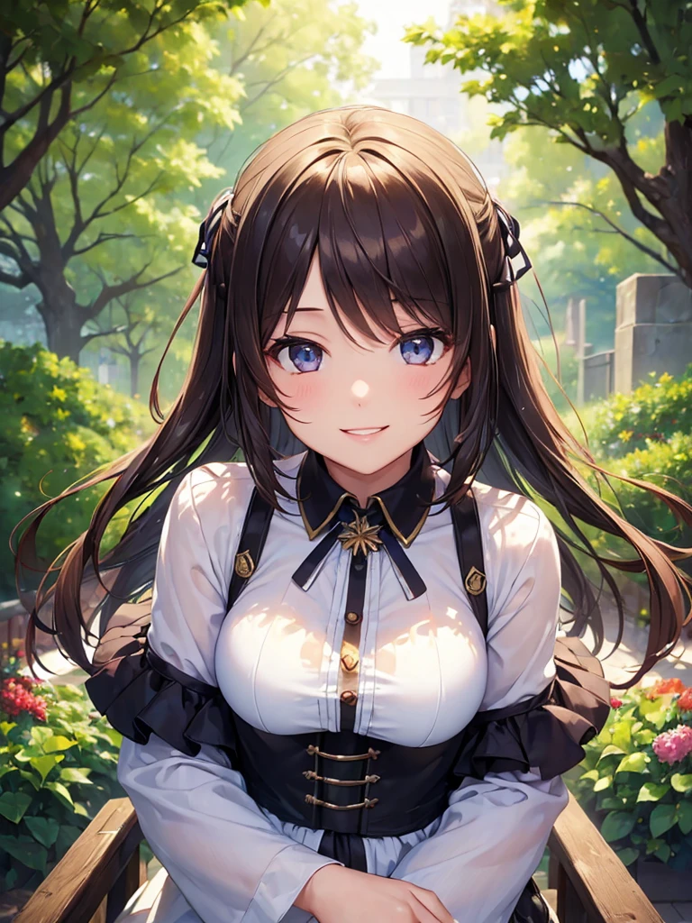 (masterpiece:1.5),(Beat quality),(high res),1girl solo,beautiful face,smile(shining eyes),upper body,light effects,Plainclothes woman,garden