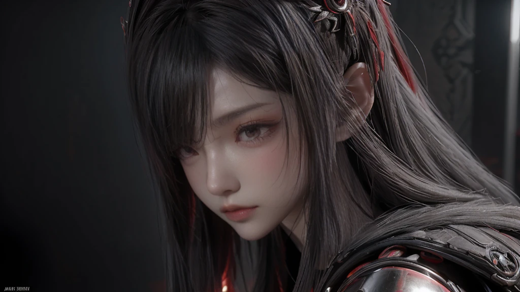 masterpiece,Game Art,Best picture quality,Maximum resolution,8K,(portrait),Unreal Engine 5 rendering works,(Digital Photography),((portrait Feature:1.5)),
20 year old girl,Short hair details,Long bangs,(The red eye makeup is carefully applied),(With long gray hair:1.4),(Large target, Full breasts),Elegance and nobility,Brave and charming,
(The future armor combines the characteristics of Chinese armor,hollow-carved design,Power Armor,Mysterious oriental runes,Exquisite clothing patterns,Magic Flash),Future Warrior,Cyberpunk Characters,War Background,
light,Ray Tracing,Game CG,((3D Unreal Engine)),OC rendering reflection mode