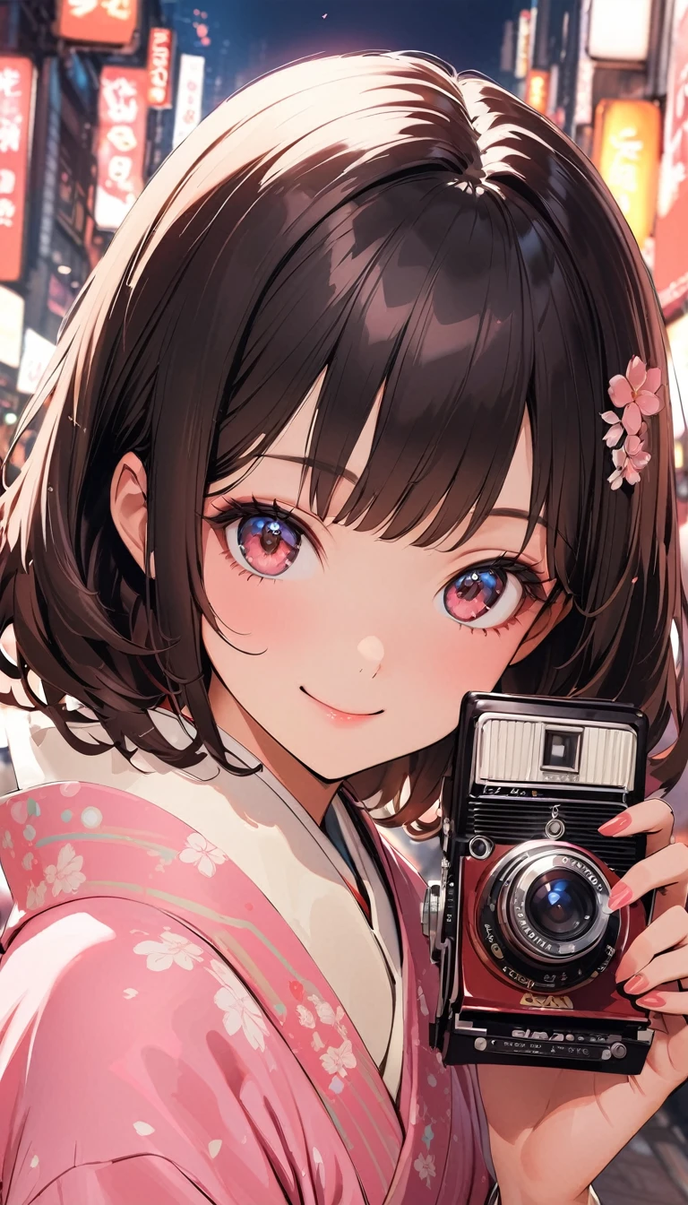 Retro Photography, 1960s , Agfa, Kodak, One girl, Portraiture, Looking_in_Audience, smile, Japan, Tokyo, Cherry Blossom, Octane Rendering, 一人in, rtrophto1