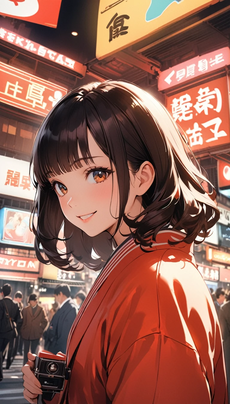 Retro Photography, 1960s , Agfa, Kodak, One girl, Portraiture, Looking_in_Audience, smile, Japan, Tokyo, Cherry Blossom, Octane Rendering, 一人in, rtrophto1