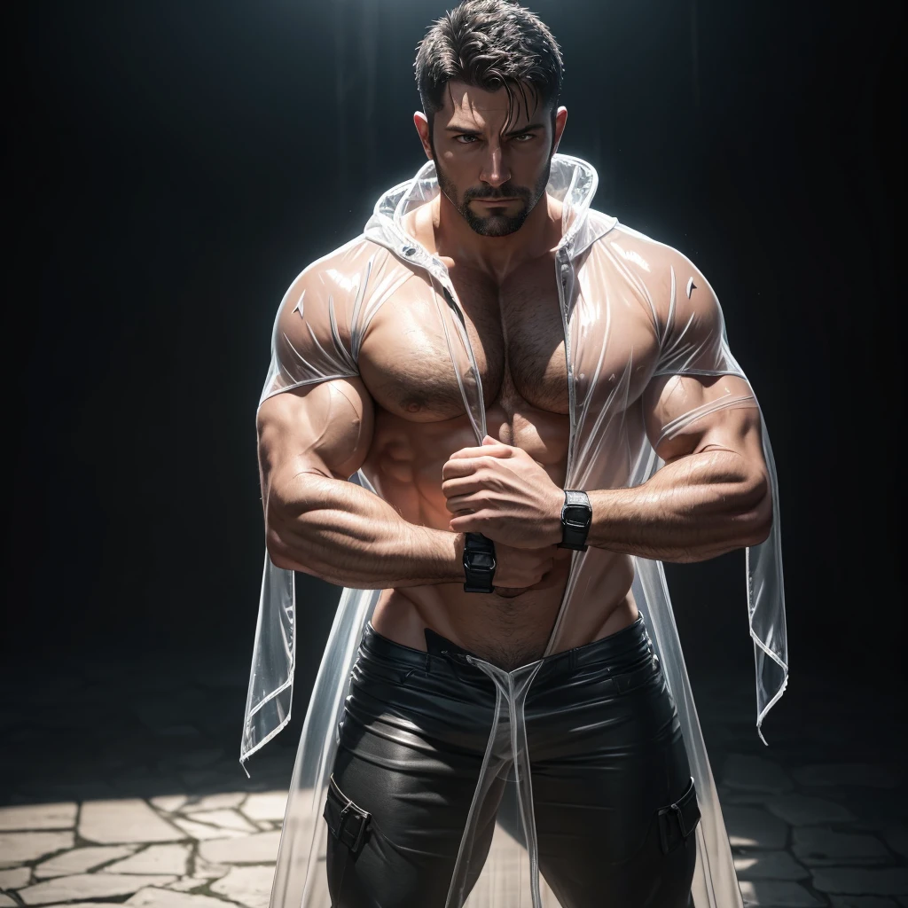 best quality, realistic, gay,bear,leather harness,dungeon,sex,masculine,hairy,handsome,confident,40 years old,strong build,dominant,erotic,charismatic,dark and moody lighting,colorful,provocative,attractive expression,attention to facial features,body hair,piercing,sexy pose,3D rendering techniques,high-res,bold and intense colors,deep shadows,textured background,vibrant atmosphere,dramatic composition,emphasize muscles and physique. Close-up of a man under the scorching The sun is very bright, 30-year-old male, Chris Redfield, cinematic realistic portrait of a man, Unreal Engine character art, shirtless, wearing a cloak style, ((transparent raincoat)), ((raincoat fully transparent)), (breast visible) , (waist seen), (thong seen), (muscular man showing off his physique) male focus, solo focus, muscular, burly, hairy, male, (thong)((big bulge)), (very bulging (protruding crotch)), (very protruding crotch), naked breasts, (chest hair), (the body is wet), body and pubic hair, (navel exposed), (in a hugging state), (transparent hands), (hugging himself), (Longing Eyes), (Eyes Looking at the Viewer), (He raised his hands high)、(Looking down at the ground),Cinematic Body Shots, 3D Character Reality, Hyperrealistic 8k Concept Art, 8k Portrait Rendering, Hyperrealistic Style, Hyperrealistic Lighting, Realistic Skin Shaders, Masterpieces, Most Best Quality, High Resolution, (Black and Gray Hair) Stunning Composition, Front View, HDR, Volumetric Lighting, Ultra Quality, Elegant, High Detail, PSD, Sharp Focus, High Resolution 8K, Realistic Professional Photography, 8K UHD, Soft Light, High Quality, Fujifilm RAW Photo, Best Quality, Masterpiece: 1.2), (Vivid, Lifelike: 1.37), (Detailed face:1.3), Dynamic Angle, dramatic pose, voluminetric lighting, (Best quality, A high resolution, Photorealistic), Cinematic lighting, Masterpiece, RAW photo, Intricate details, hdr,