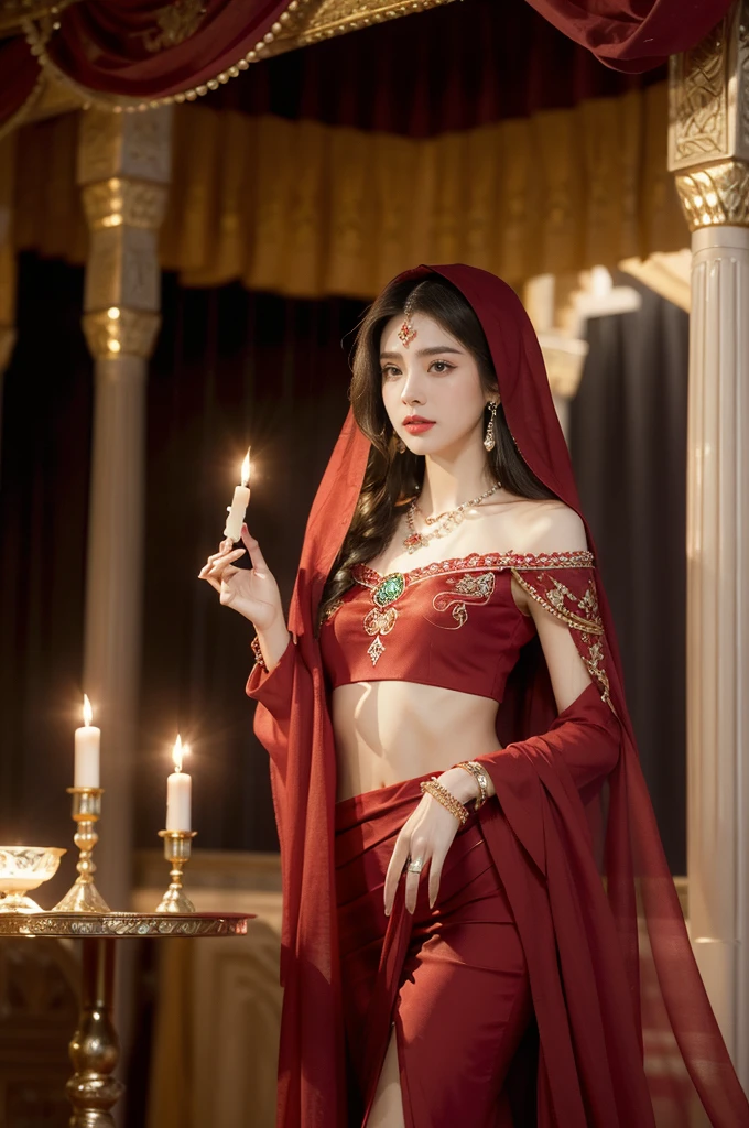 (((best quality))),(((ultra detailed))),(((masterpiece))),illustration,((1girl,Arabian dancer,solo)),(red hijab:1.3),((slim,thin)),((small breasts,flat chest)),((earrings,necklace)),((pearls,jewels,gemstones)),(night scene:1.3),(standing:1.3),(in luxurious palace:1.3),(indoor:1.3),(gorgeous embroidered red sheer abaya:1.3),(slender legs:1.2),intricate patterns,((Arabian theme,Middle Eastern culture)),(shoulder length straight hair:1.2),(sheer veil on face:1.3),mystery, ornate furnishings, decorations, enchantment, magic, Persian magic carpet,night sky, floating,Aladdin's lamp, flame, fulfillment of desires,candlelight,romance,One Thousand and One Nights, coherent narrative, dreamlike atmosphere, deep emotions, graceful movements, passion, face beneath the veil, beloved's dream, timeless beauty, enchantment,magical world, wondrous journey,((from front,upper body))
