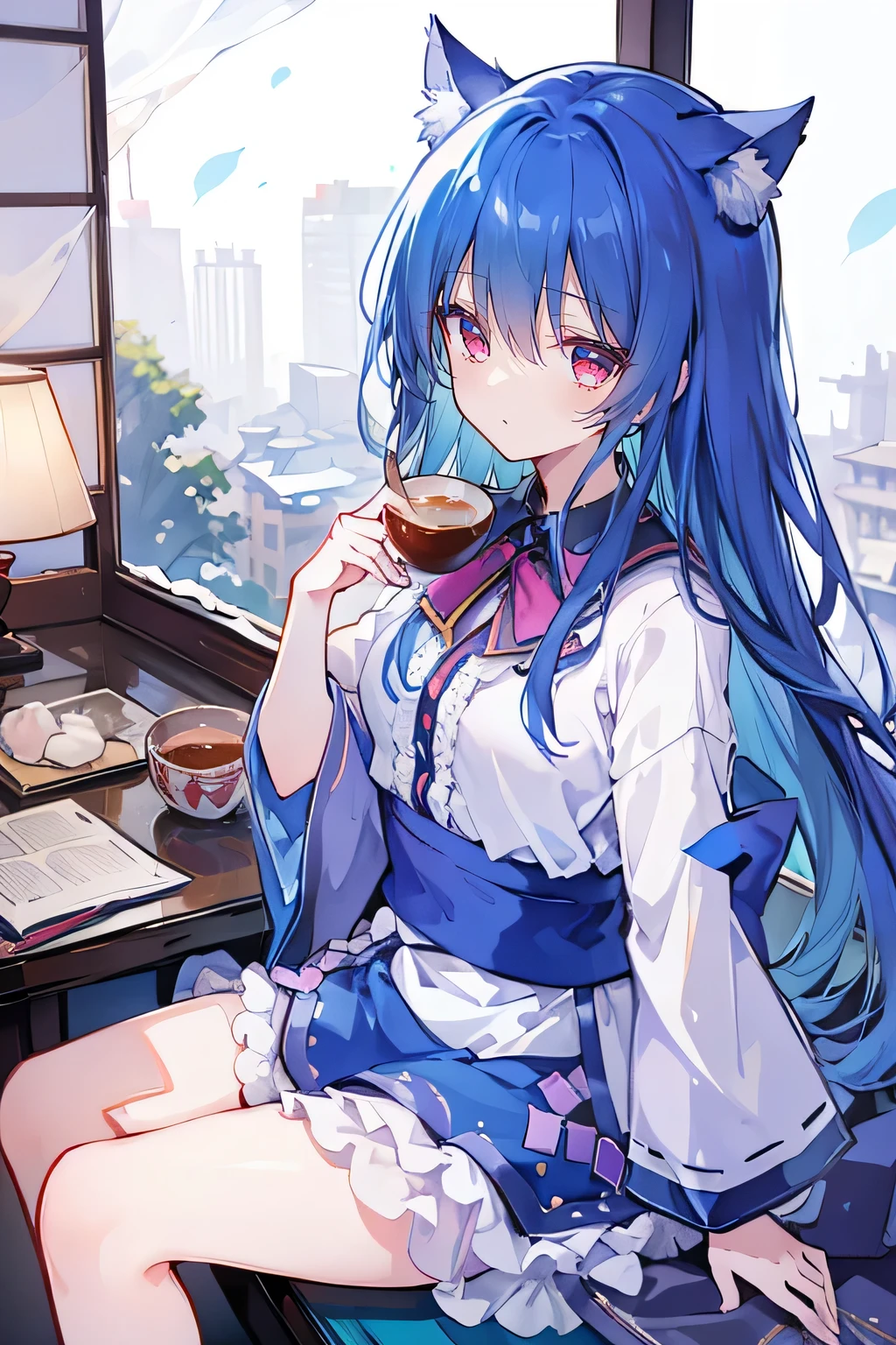 (Masterpiece:1.2)，Ultra-detailed，lifelike，The eyes are expressive，Fair skin，Perfect face shape，1 girl，Japanese Manga，Gorgeous blue hair，Flowing blue hair，Flowing clothes，Cat ears，Petals falling，Smile，Tokyo background，background，heavy snow，winter.Highest quality，perfect face，sitting on window sill drinking coffee and looking out the window.