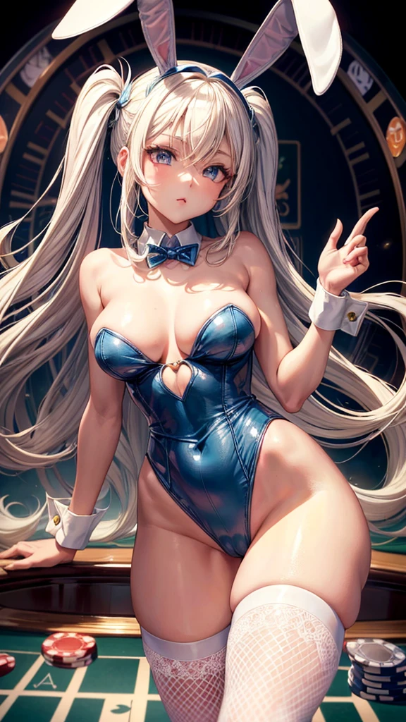 ((Best Quality)), (ultra-detailliert), ((Extremely detailed)), (Beautiful), ((Kawaii Girl)),(two side up hair)、((masutepiece)), ((Platinum Blonde Hair)), Long hair, Hair between eye, Wavy Hair, Long sideburns, Jade colored eyes, White skin, Colossal tits、(Rabbit ears), Slender body, ((Blue)) ((Playboy bunny)), Fishnet tights, High heels , ((Casino)), Standing, One Woman, Anime