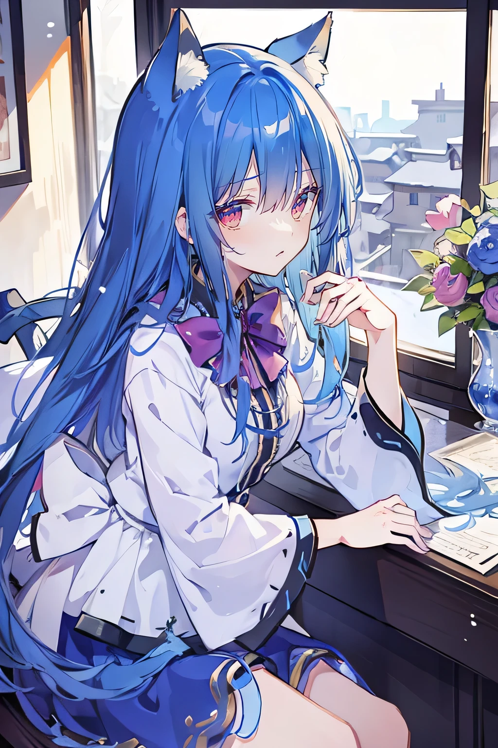 (Masterpiece:1.2)，Ultra-detailed，lifelike，The eyes are expressive，Fair skin，Perfect face shape，1 girl，Japanese Manga，Gorgeous blue hair，Flowing blue hair，Flowing clothes，Cat ears，Petals falling，Smile，Tokyo background，background，heavy snow，winter.Highest quality，perfect face，sitting on window sill drinking coffee and looking out the window.