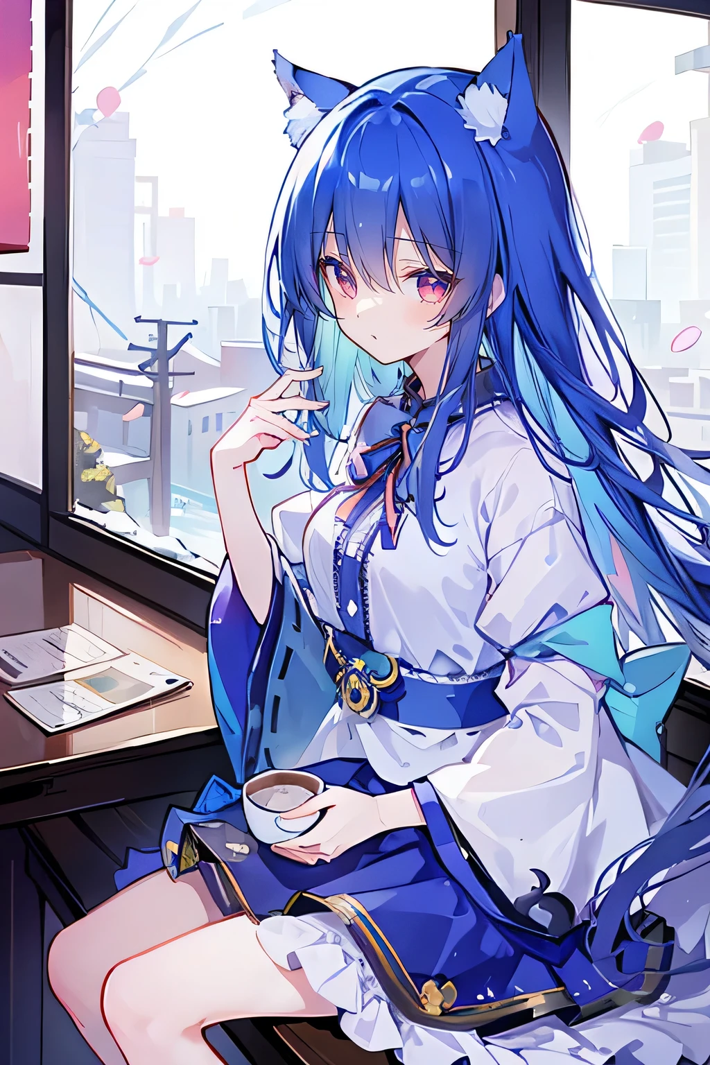 (Masterpiece:1.2),Ultra-detailed,lifelike,The eyes are expressive,Fair skin,Perfect face shape,1 girl,Japanese Manga,Gorgeous blue hair,Flowing blue hair,Flowing clothes,Cat ears,Petals falling,Smile,Tokyo background,background,heavy snow,winter.Highest quality,perfect face,sitting on window sill drinking coffee and looking out the window.