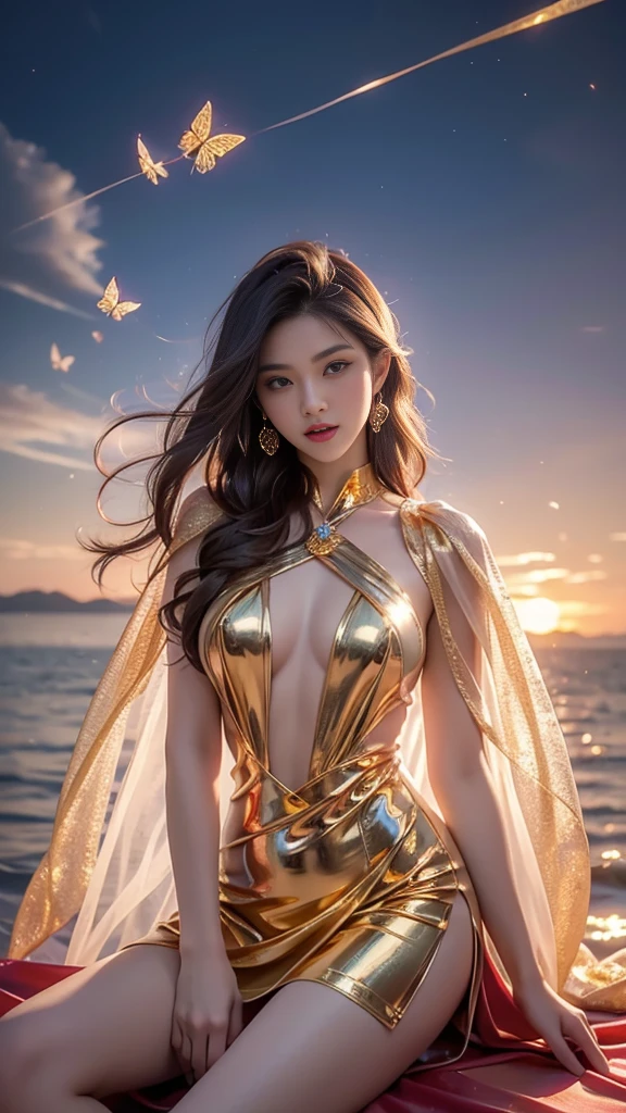 8K, ultra hd, masterpiece, hd colors, 1 girl, perfect face, very long curly hair, detailed eyes, detailed dress, ((golden dress)), stocking, flower lace, ((mesh ribbon)), sardine, straps, net clothing, loops, ((flowing cape)), bare navel, jwellery, waterside, Realistic scenery, epic scenery, sun rising, night, clouds, Butterfly, blossom, blowing wind, perfect pose, ray tracing, bloom, upper body, sitting,