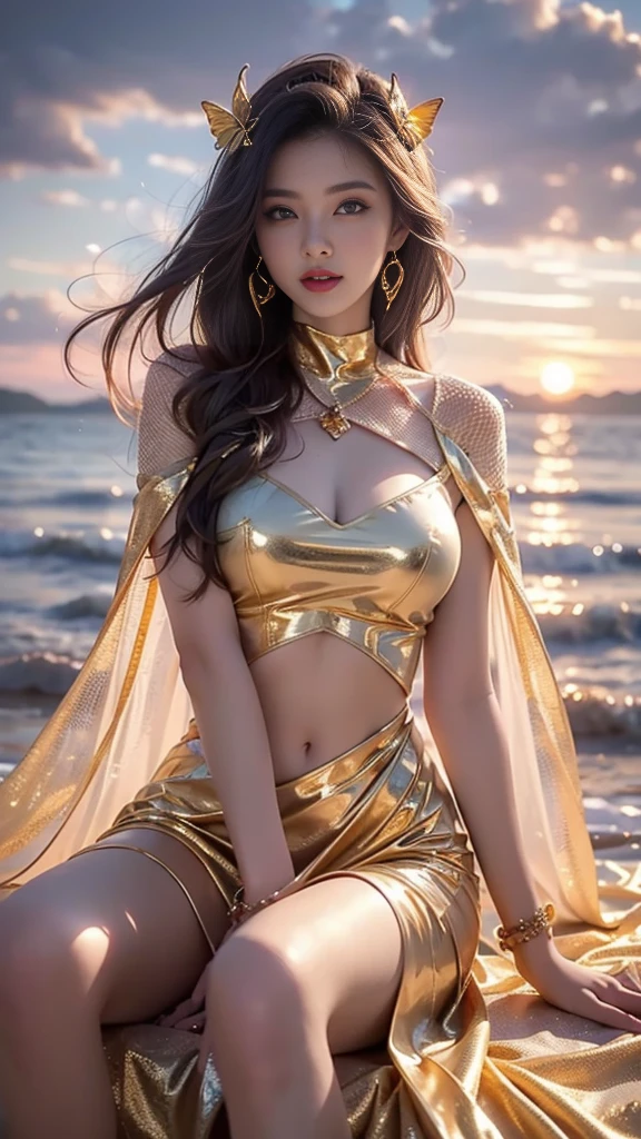 8K, ultra hd, masterpiece, hd colors, 1 girl, perfect face, very long curly hair, detailed eyes, detailed dress, ((golden dress)), stocking, flower lace, ((mesh ribbon)), sardine, straps, net clothing, loops, ((flowing cape)), bare navel, jwellery, waterside, Realistic scenery, epic scenery, sun rising, night, clouds, Butterfly, blossom, blowing wind, perfect pose, ray tracing, bloom, upper body, sitting,