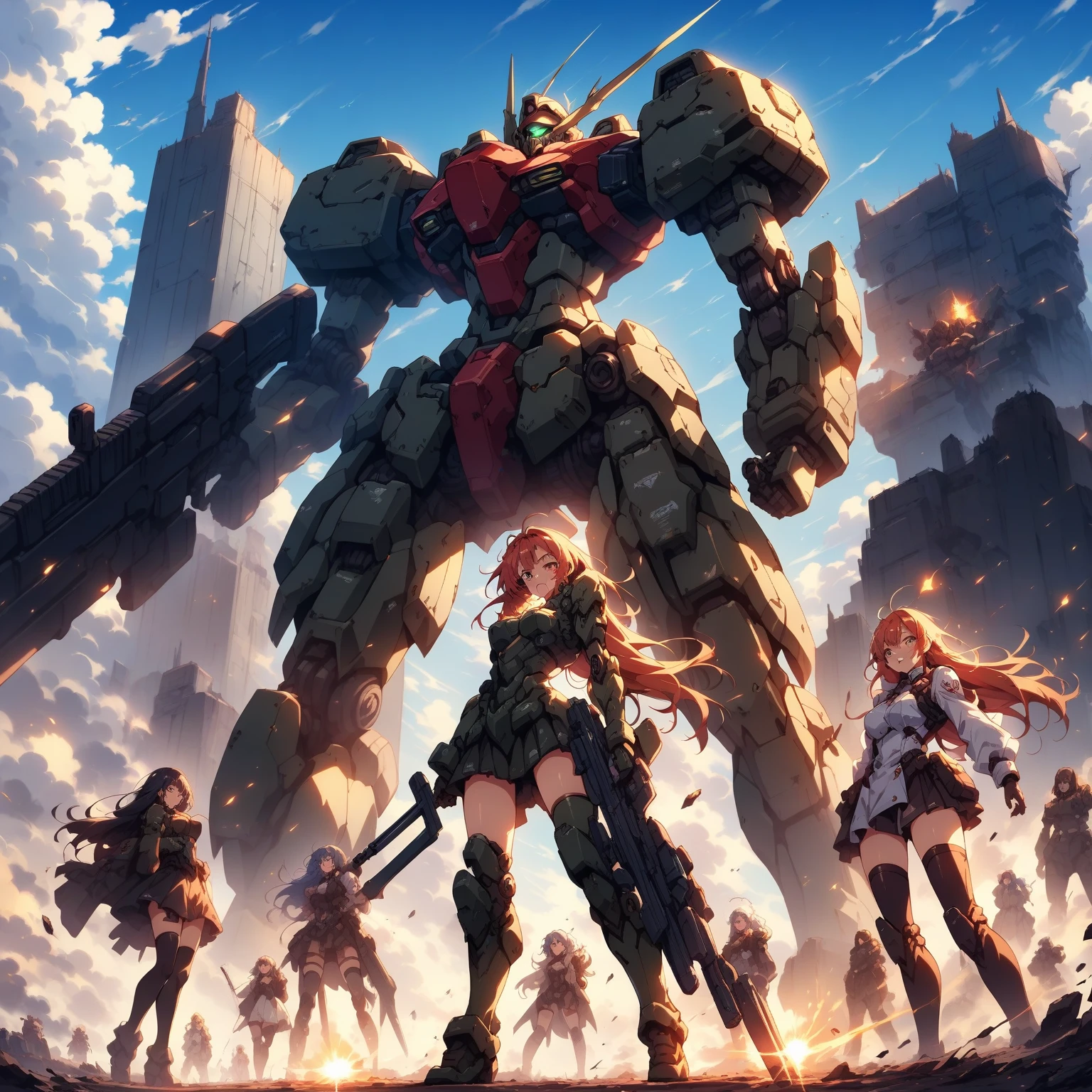 score_9, score_8_up, score_7_up, source_anime,masterpiece, best quality, high resolution, extremely detailed CG, absurdres, highres, mecha girls in front of a giant mech with a large blade, multiple_girls, weapon, mecha, robot, holding weapon, holding, gun, long hair, holding gun, glowing, sky, thighhighs, cloud, science fiction, gloves, boots, outdoors, floating hair,neondskdrmsxl, cool face,(SuperQuality:1.2)