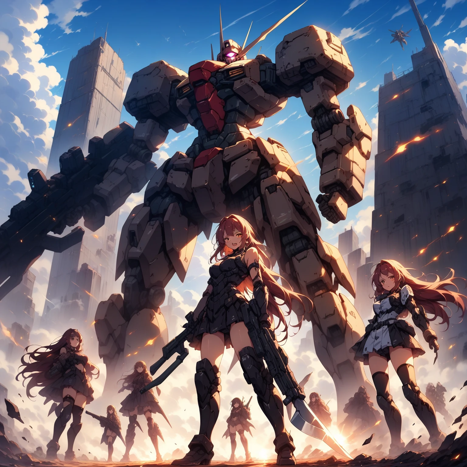 score_9, score_8_up, score_7_up, source_anime,masterpiece, best quality, high resolution, extremely detailed CG, absurdres, highres, mecha girls in front of a giant mech with a large blade, multiple_girls, weapon, mecha, robot, holding weapon, holding, gun, long hair, holding gun, glowing, sky, thighhighs, cloud, science fiction, gloves, boots, outdoors, floating hair,neondskdrmsxl, cool face,(SuperQuality:1.2)