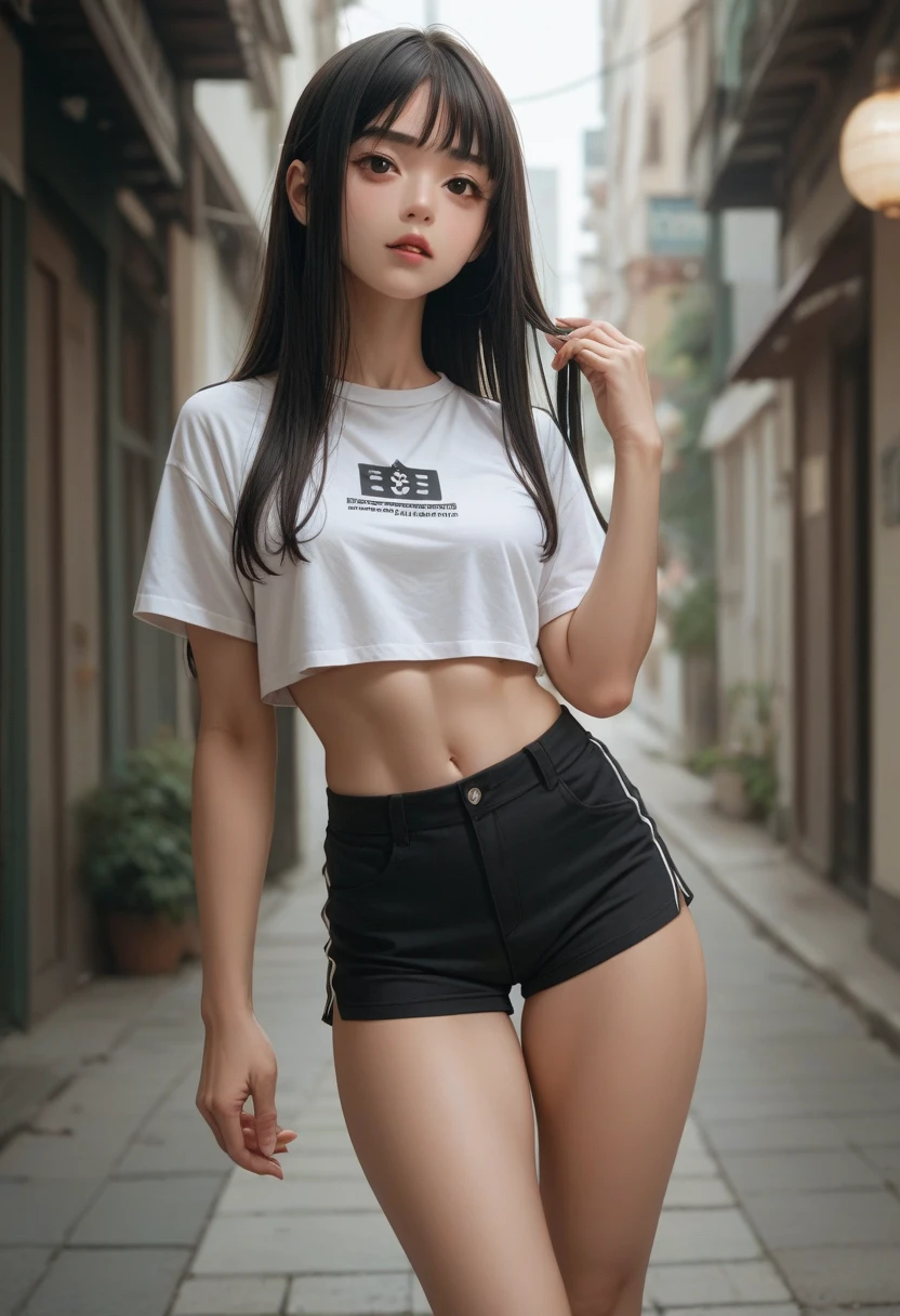 garota jovem, long hair,defined body, sexy black short shorts, black cropped,