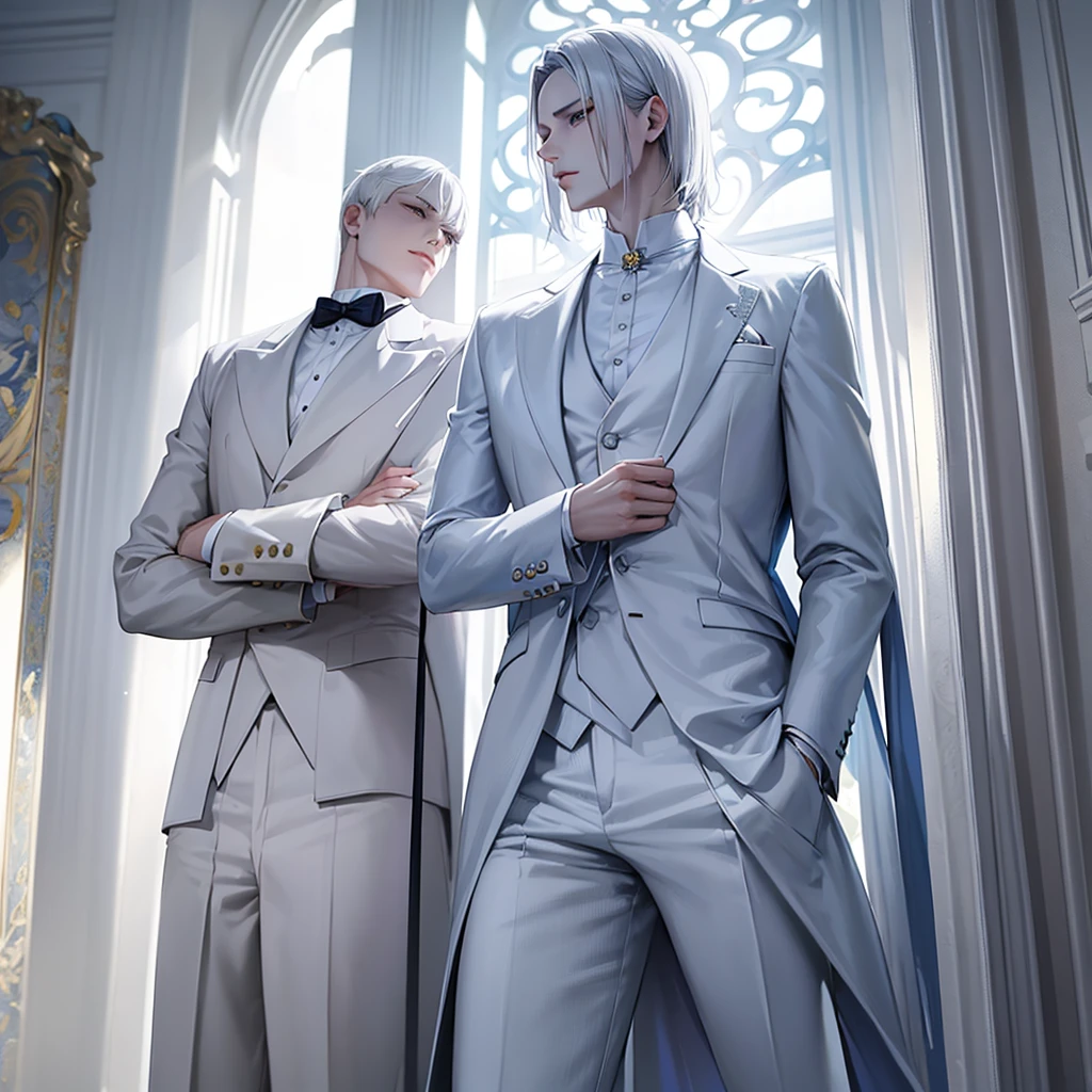 ((Best Quality)),attractive pale skin adult boy,short and shoulder length hair,messy straight hair,white hair,tired blue asian eyes,with an elegant white and gold suit,The suit is luxurious with many details,Crossed arms,in a luxurious white room