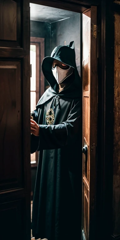 A black-decorated figure wearing a plague doctor mask peers out from behind a dark door.。