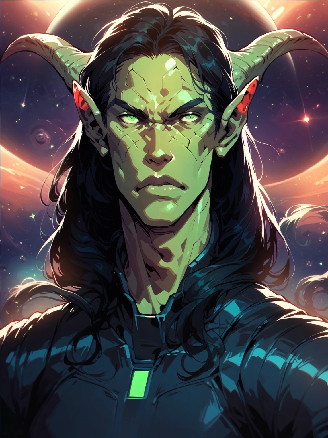 Tiefling, one character, solo male, alien horns, male, young male, sci fi, space, space clothes, long hair, black hair, green eyes, teal skin, cosmic, space suit, cosmic feature, alien, futuristic space suit