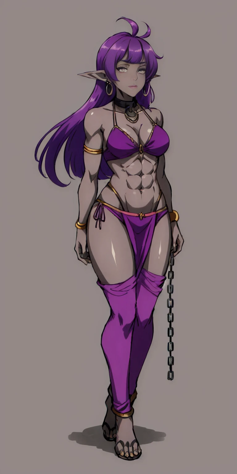 Appearance
Gender: Female
Age: Mature
Race: Drow (elf with dark skin and purple 2bangs hair side to side)
Height: Full-body
Skin: Gray
Skin: Gray
Background: Plain Gray
Eyes: Purple
Attire: Bikini, revealing abdominal muscles
Accessories: Large earrings, ragged rags, chain necklace