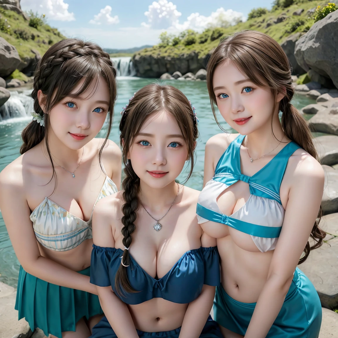 ( 3 girls),smile、Look into the camera、Diamond necklace、heart braid hair Strapless dress, random color:1.2、The material is smooth and flexible.、exposed upper arms、Blue-green striped knee-length socks Extra long twin tail hair、close range shooting、Flower Hair Ornaments、Blindfold、Garter、 Masterpiece, Highest quality, 8ก, beautiful girl, young face、 photography, Cute face, thigh,In the waterfall stream,、รอยsmile、 blue eyes(((The chest is erect.:1.4)))(((round chest:1.5)))(((big breasts:1.5)))