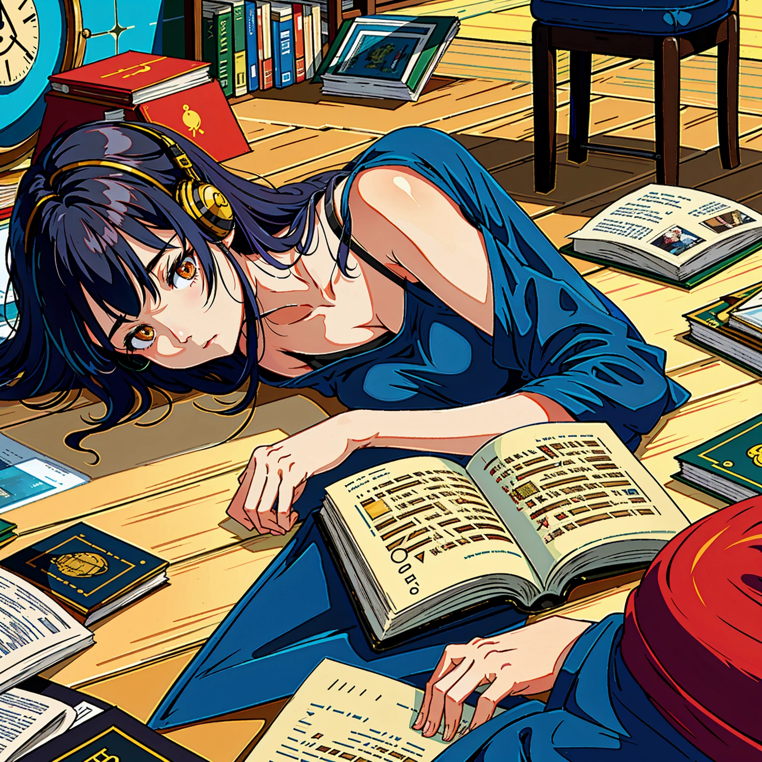 Long black hair,Girl reading a book with headphones on，Immerse yourself in a pile of old books. He was lying comfortably on the wooden counter next to him...