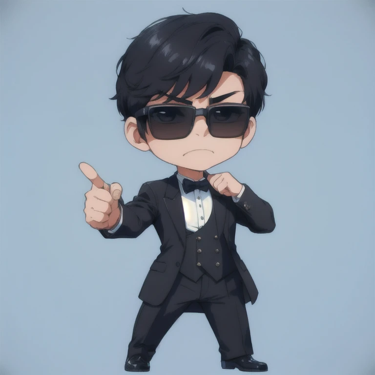 (chibi:1.4),full body standing,Kind Face,undercut hair,A handsome man with black hair wearing sunglasses、I would like an illustration of someone wearing a tuxedo.。
