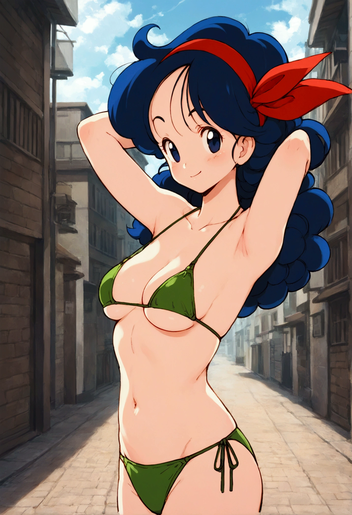 score_9, score_8_up, score_7_up,score_6, score_5, score_4,BREAK , from above,from side,(breast focus:1.5),front view.standing,straight-on,(upperbody:1),looking_at_viewer ,1girl, launch good, blue eyes, blue hair, long hair, curly hair, ribbon, red hairband, (ultra micro bikini, green bikini), bare hands, collarbone, bare shoulders,tareme, midriff ,large_breasts,(light smile),Curvy waist ,Solo,,(midnight and beachside and city), ,arms up, armsbehindhead, ,, anime style, key visual, vibrant, studio anime,highly detailed,masterpiece, best quality, best aestethic, absurdres,cinematic lighting,(cell anime)