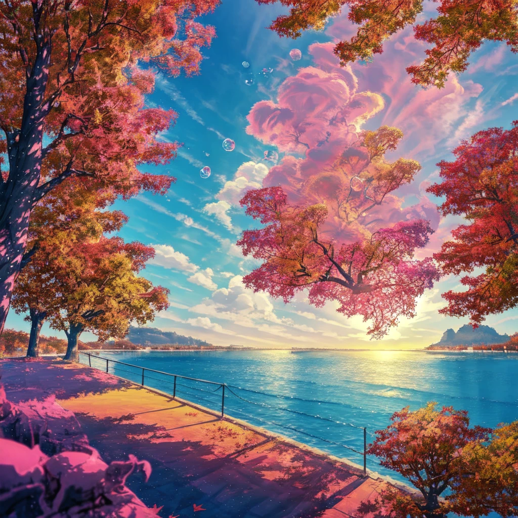 Sea view, Colorful anime movie background, Floating bubbles, escaping air bubbles, Anime Background art, Dreamy psychedelic anime, Beautiful anime scene, Beautiful anime scenery, Anime Background, sunny, sunny day, autumn leaves,