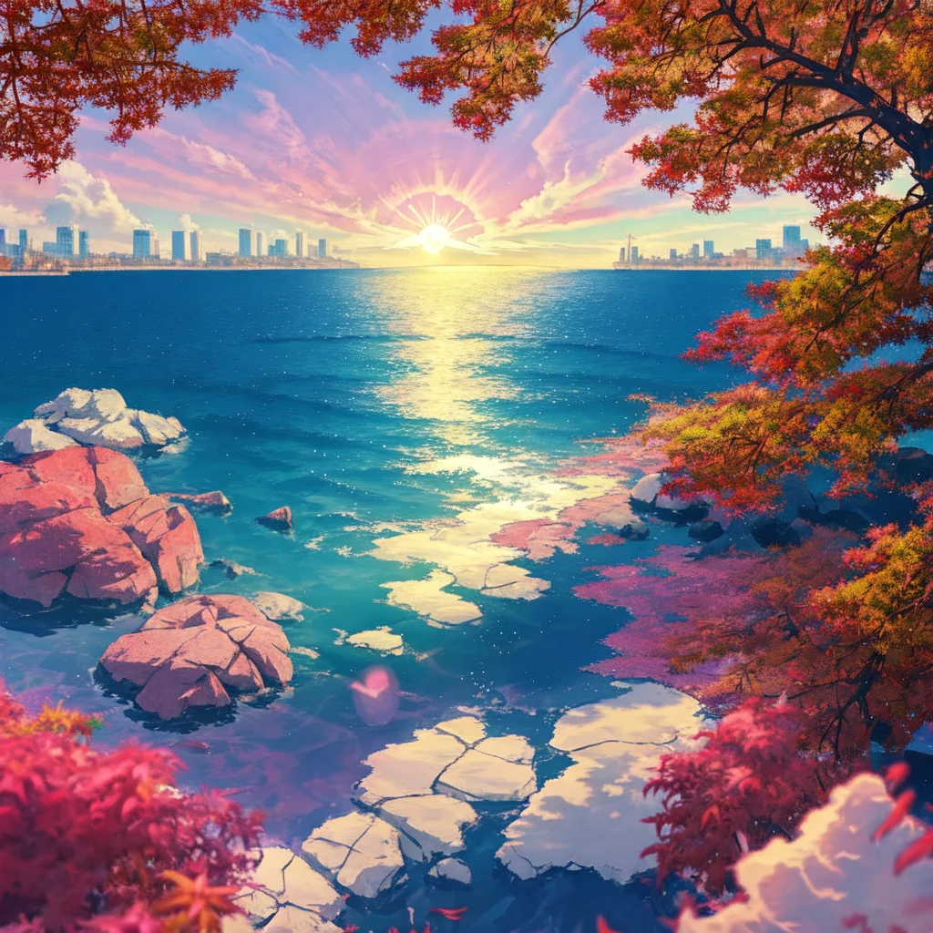 Sea view, Colorful anime movie background, Floating bubbles, escaping air bubbles, Anime Background art, Dreamy psychedelic anime, Beautiful anime scene, Beautiful anime scenery, Anime Background, sunny, sunny day, autumn leaves,