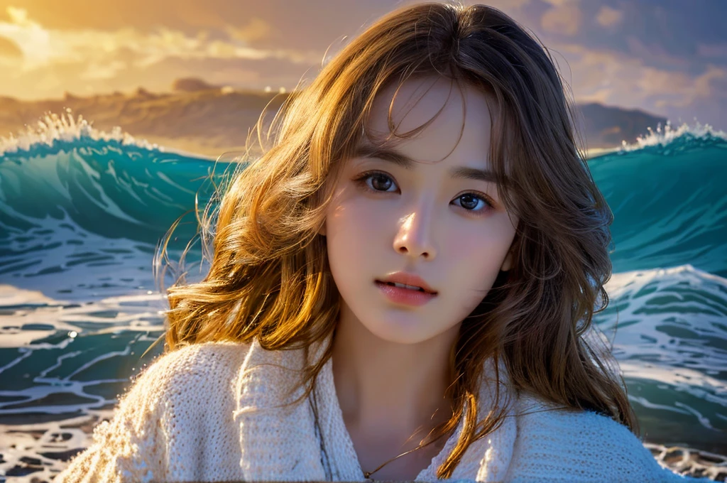 Highest quality　masterpiece　Beautiful woman standing on the beach in front of a big wave　Close-up of face　Photo style　Dramatic Production　Fantasy
