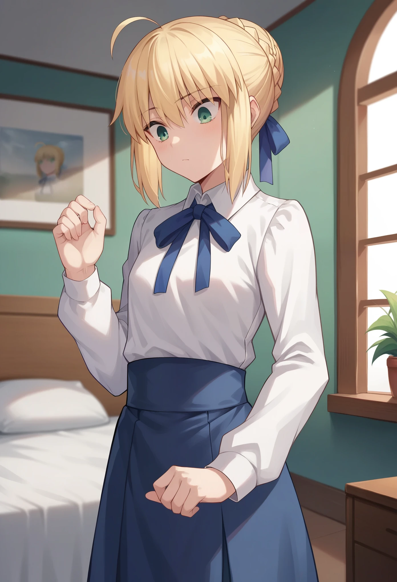 score_9,score_8_up,score_7_up, 1girl, solo, (small chest), character: artoria_pendragon_(fate), character: saber_(fate), green_eyes, hair_between_eyes, blonde_hair, short_hair, single_hair_bun, ahoge, braid, braided_bun, hair_bun, hair_ribbon, sidelocks, shirt, white_shirt, blue_ribbon, long_sleeves, ribbon, black pantyhoses, surprised face, stiff hands, standing, , looking down, indoor, bedroom