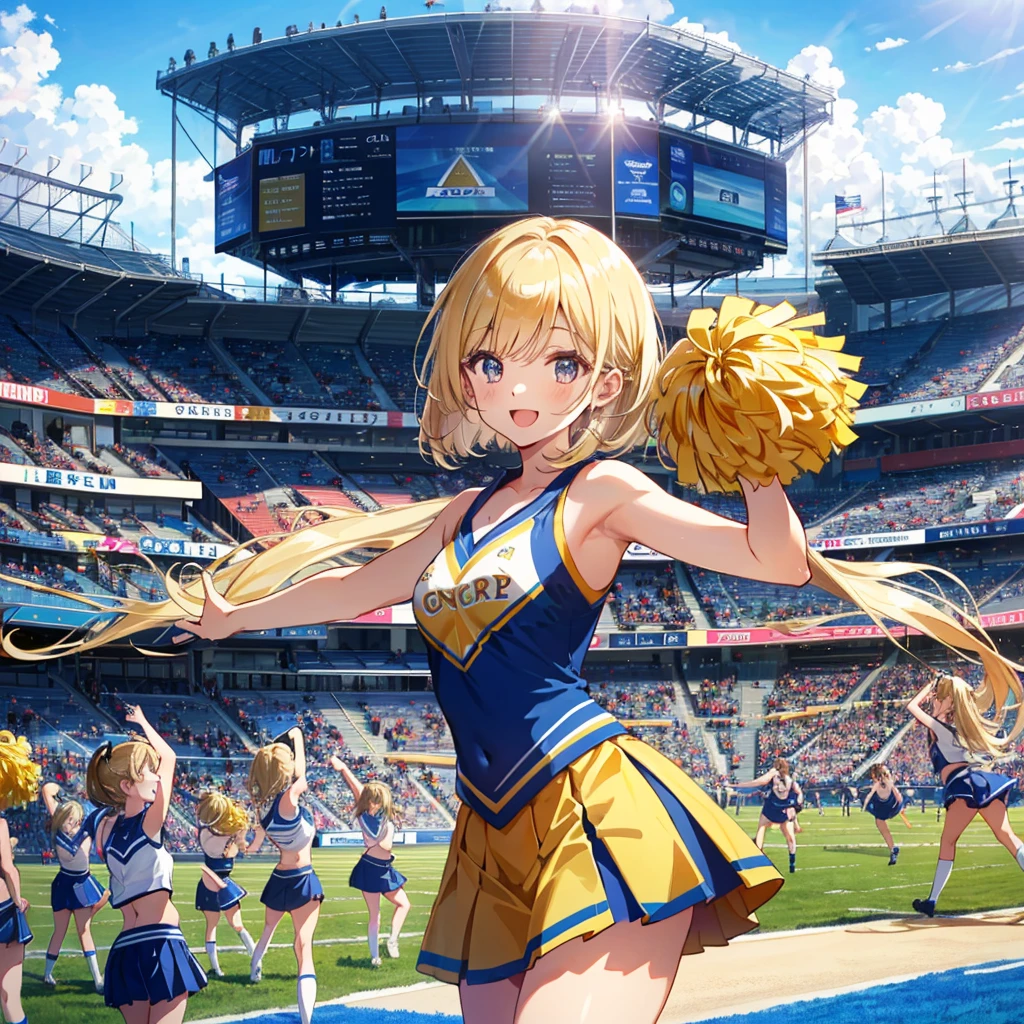 Cheerleader, stadium, pyramid, cheerleader uniform, 1 girl, super long hair, bob cut, hair tied, blonde, 1 girl, long hair, smile, cute pose,