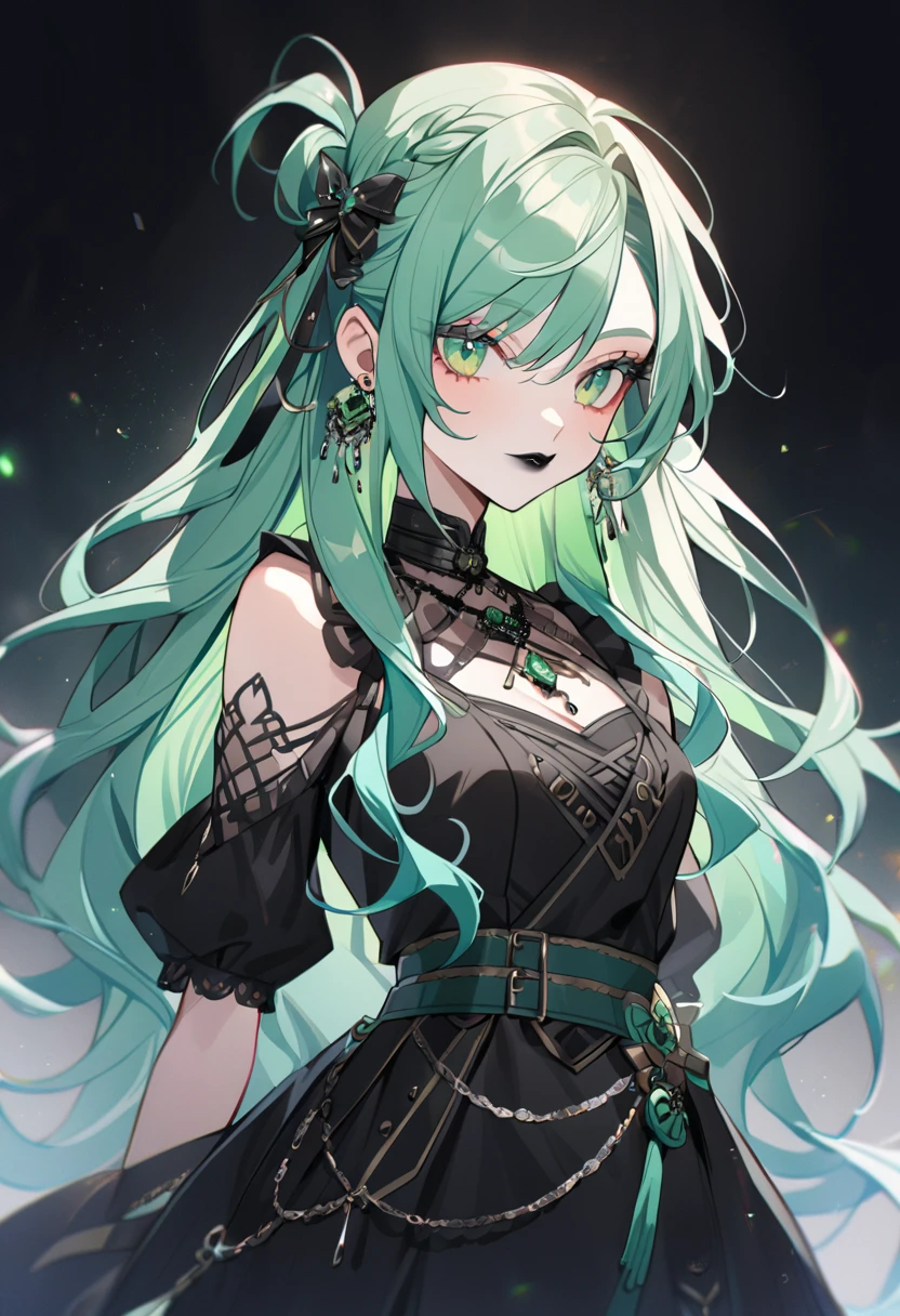 1 minstrel girl, mint hair colour, (long hair, jewellery in hair), green eyes, black eyeliner, black lipstick